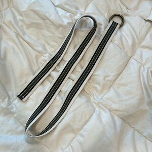 Target white, navy blue, olive green belt with brass buckle.